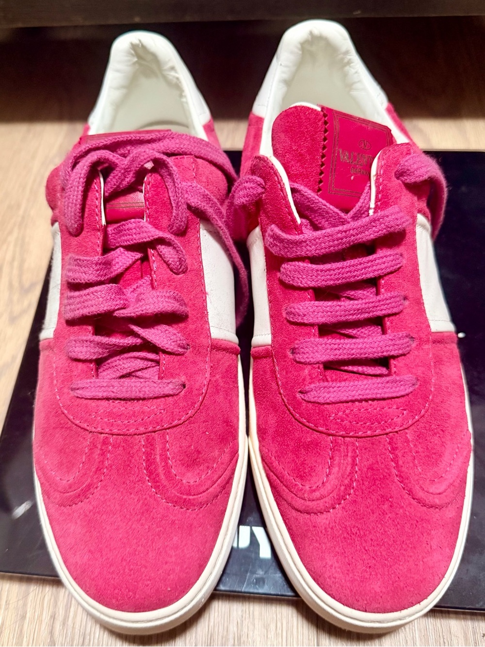 Valentino Fuchsia Suede Low-Top Sneakers with White Panels